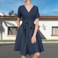 thumbnail image 3 of Vestido informal de mujer con cuello en V de algodón y lino elegante vestido sencillo hasta la rodilla Vestidos FLhrweasw Nuevo, 3 of 9