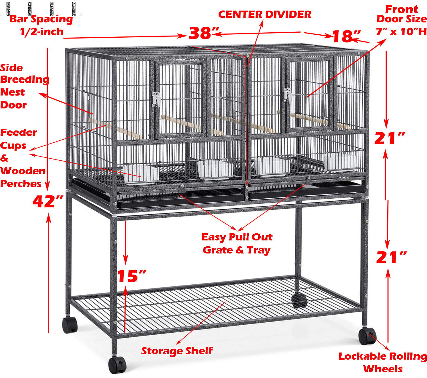 Single Stackable Center Divided Breeder Breeding Bird Flight Double Rolling Stand Cage for Aviaries Canaries Cockatiels Lovebirds Finches Budgies Small Parrots