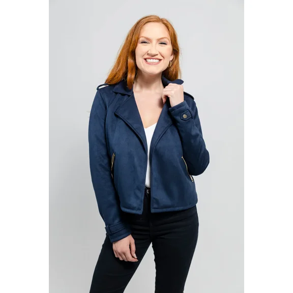 Whet Blu MEGAN Faux Suede Fashion Ban Collar Zip-Up Stylish Design Outerwear Jacket Women Navy Blue Extra Small