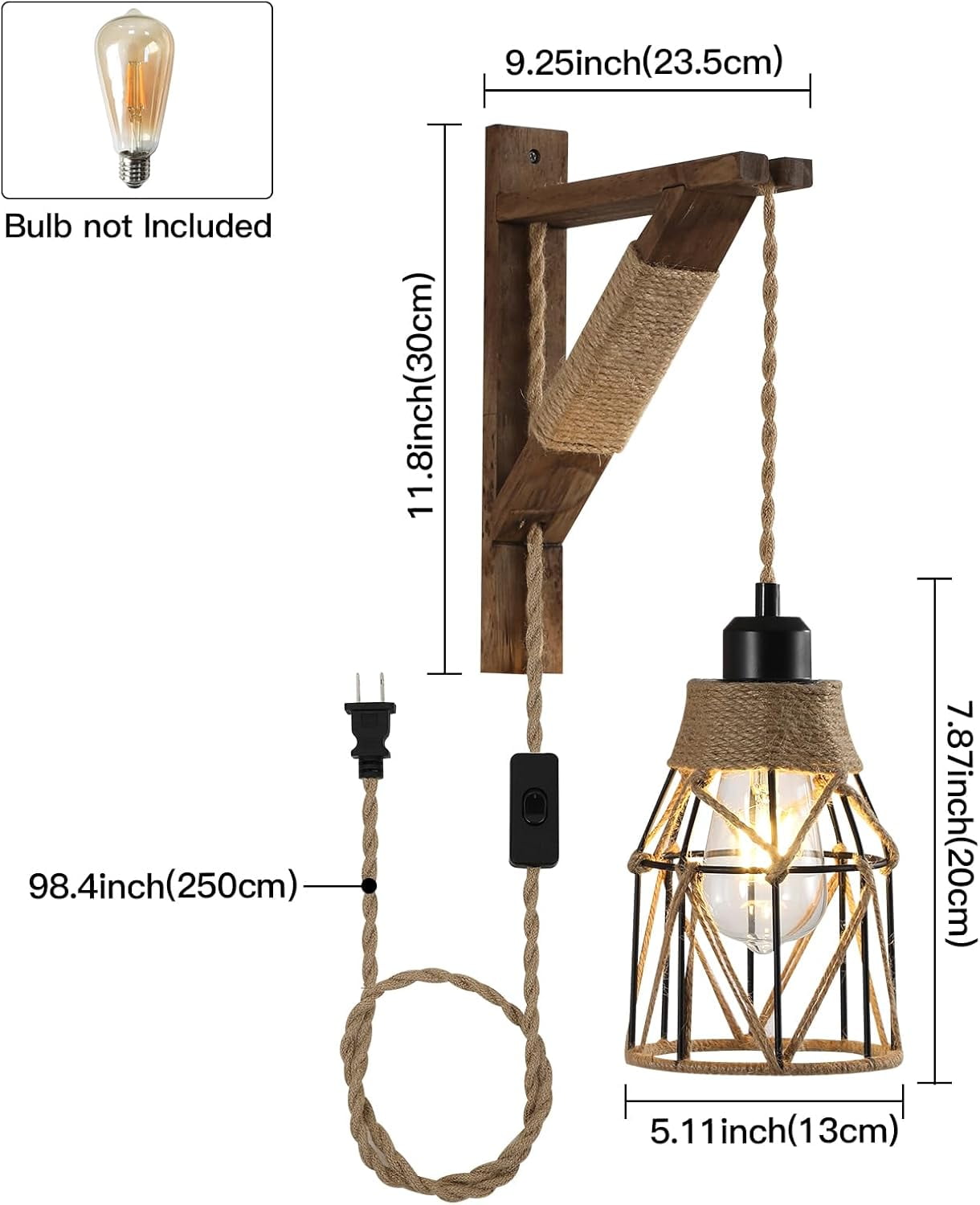 2-Pack  Plug-in Wall Sconces - Farmhouse Metal Cage Lights with Distressed Wood Brackets