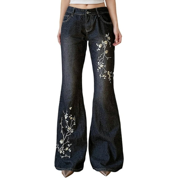 CONZONE Womens Flared Jeans Floral Embroidery Jeans for Women Trendy Buttons Fashion Wide Leg Fall Winter Denim Pants With Pocket