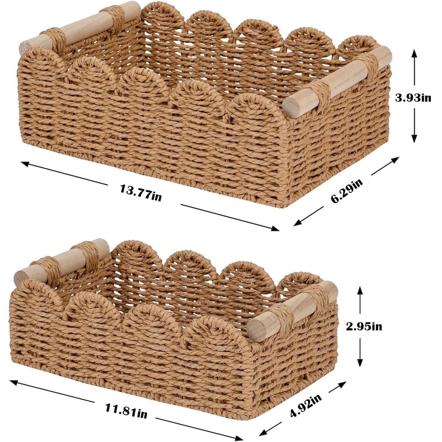 HuaArt 2 Pcs Paper Rope Scalloped Edge Decor Baskets, Toilet Basket for Over Toilet Storage Shelf, End Table, Neutral