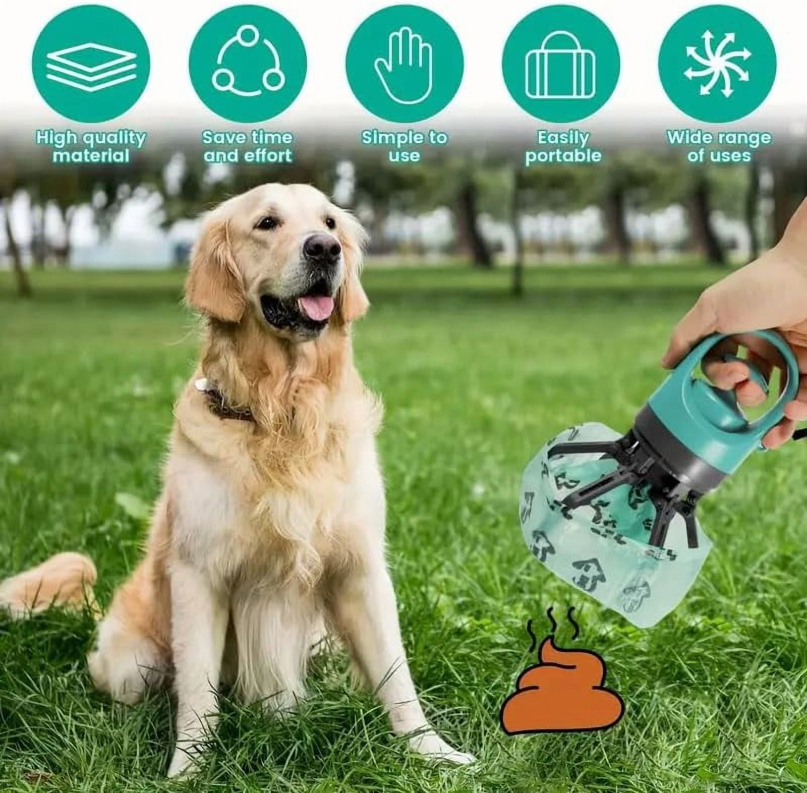 Portable Dog Poop Scooper with 4 Waste Bag Rolls, Hands-Free 6-Claw Pet Waste Pickup Tool, Teal/Gray Sanitary Poop Catcher with Built-in Bag Dispenser for Outdoor Dog Walking