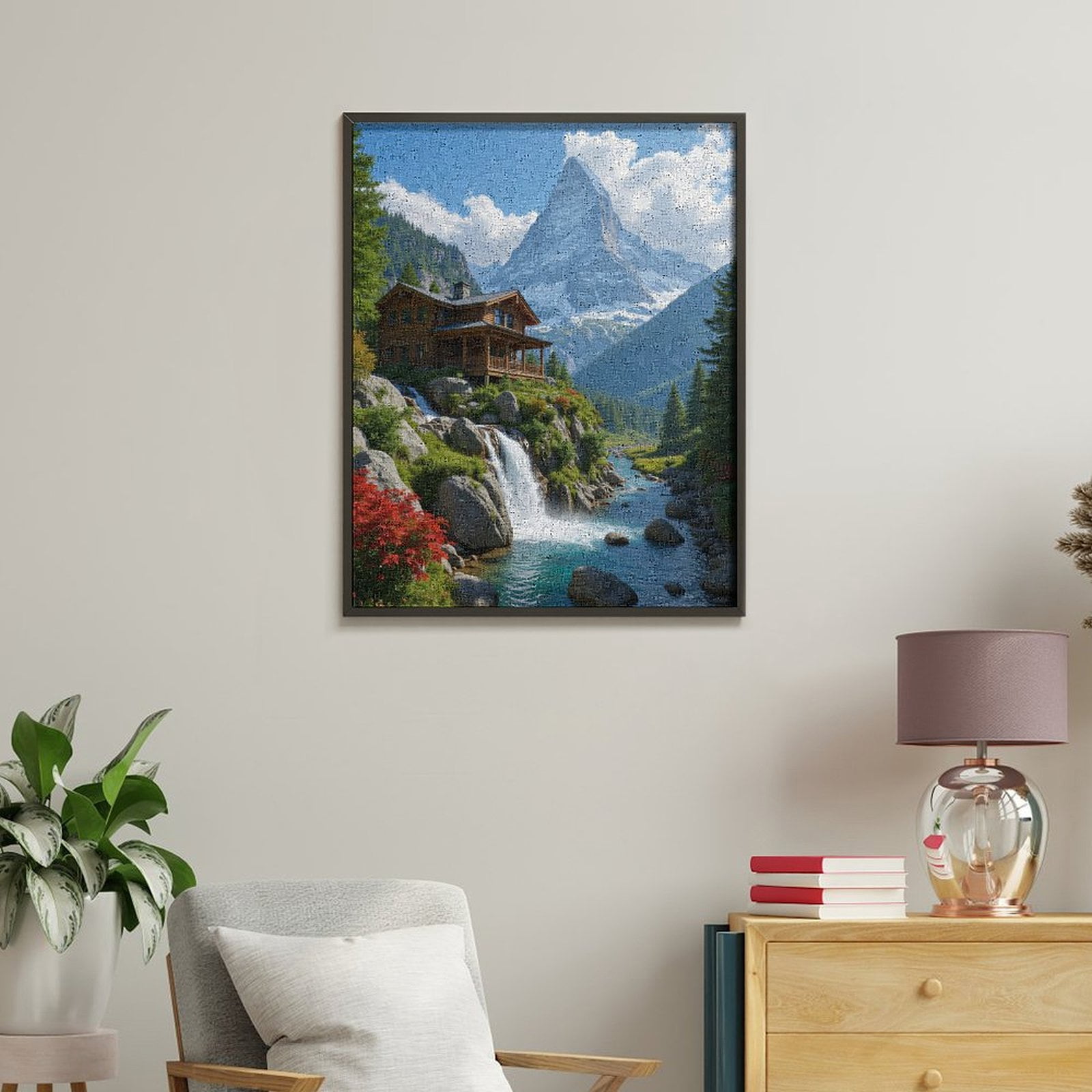 Paint by Numbers Kit for Adults, Mountain Cabin Waterfall Scenery Paint by Numbers, Easy Paint by Numbers Kit for Adults Beginner, DIY Adult Paint by Number Kits on Canvas, 12x16in Home Decor