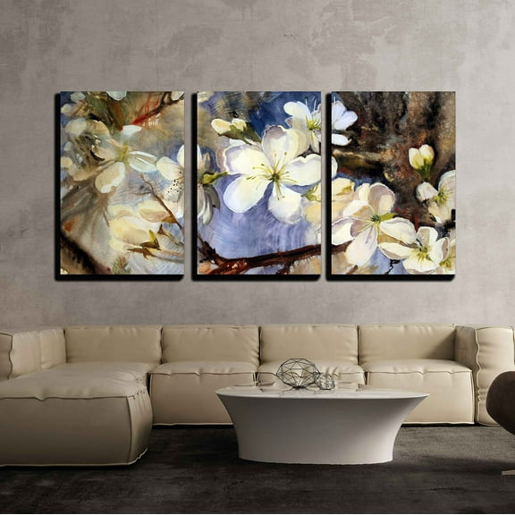 wall26 - 3 Piece Canvas Wall Art - Watercolor Painting of The Blooming Spring Tree Branches with White Flowers - Modern Home Art Stretched and Framed Ready to Hang - 24"x36"x3 Panels