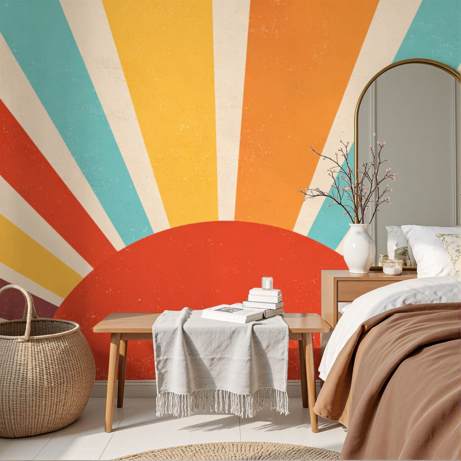 Wallpaper Vintage sun retro Colourful grunge sunburst Peel and Stick Wall Murals 69"H x 96"W Removable PVC Wall Paper Self-Adhesive Wall Paintings Art Decor for Bedroom Living Room