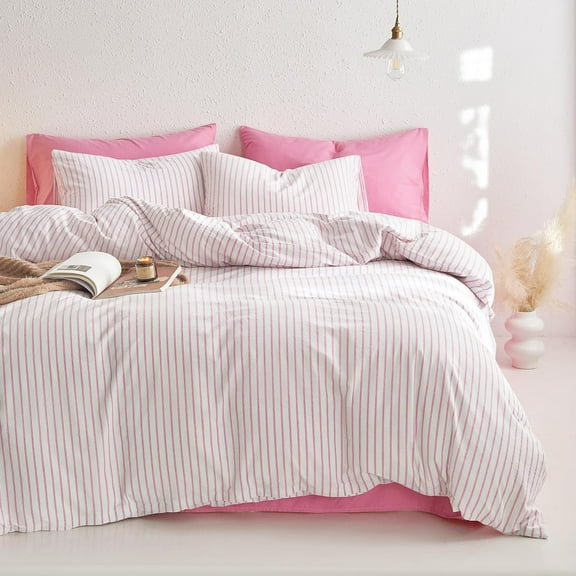 Striped Cotton Duvet Cover Set, Ticking Stripe Vertical Pinstripe Farmhouse, 100% Washed Cotton Textured Percale Bedding Set, 3 Pieces, Pink White, Queen Size