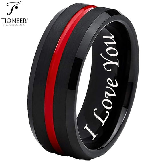 Black IP Tungsten Ring w/ Distinct Blue or Red Center Line 8mm Comfort Fitw/ Free Engraving Options