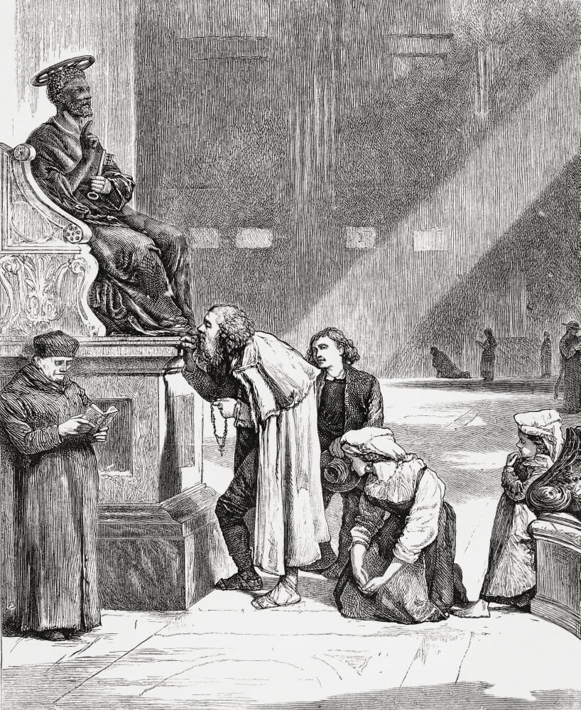 People Kissing The Feet Of The Statue Of Saint Peter Inside Saint Peters Basilica Vatican City Rome In The Late 19Th Century From Italian Pictures By Rev Samuel Manning Published C1890 Canvas Art - Ke