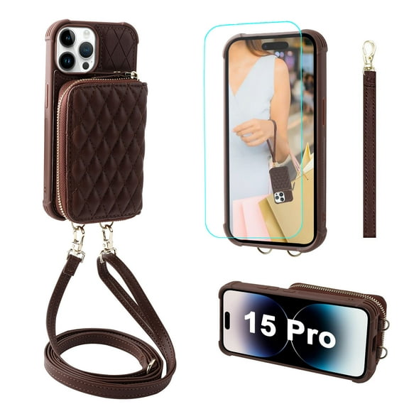 MONASAY Zipper Wallet Case Compatible for iPhone 15 Pro,[Glass Screen Protector ][RFID Blocking]Flip Leather Handbag Phone Cover with Card Holder&Detachable Crossbody Lanyard Strap