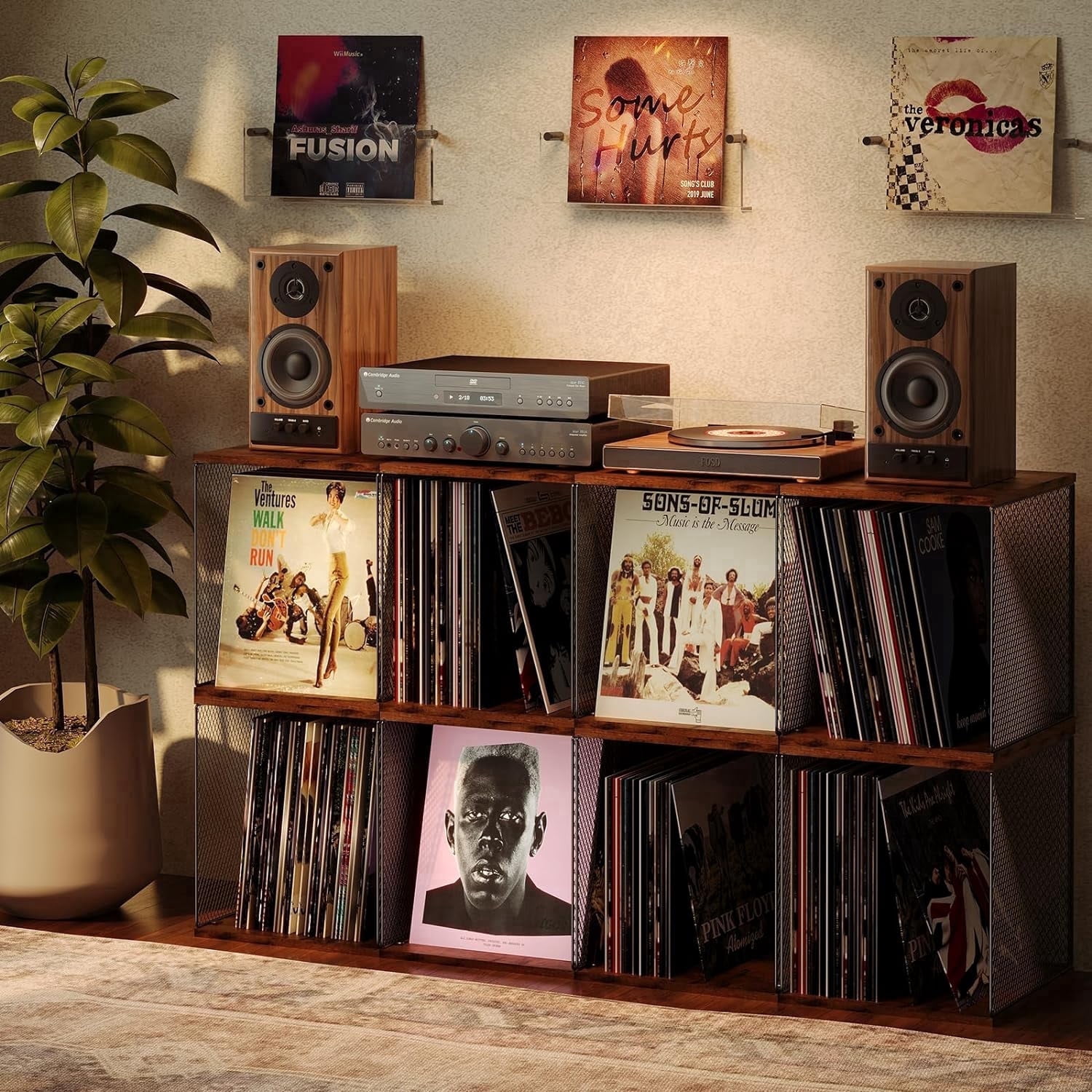 X-COSRACK 3-Cube Stackable Vinyl Record Storage, DIY Metal Wire & Wood Album Organizer Crate, Holds Up to 150 Albums, Heavy Duty Display Stand for Living Room, Rustic Brown