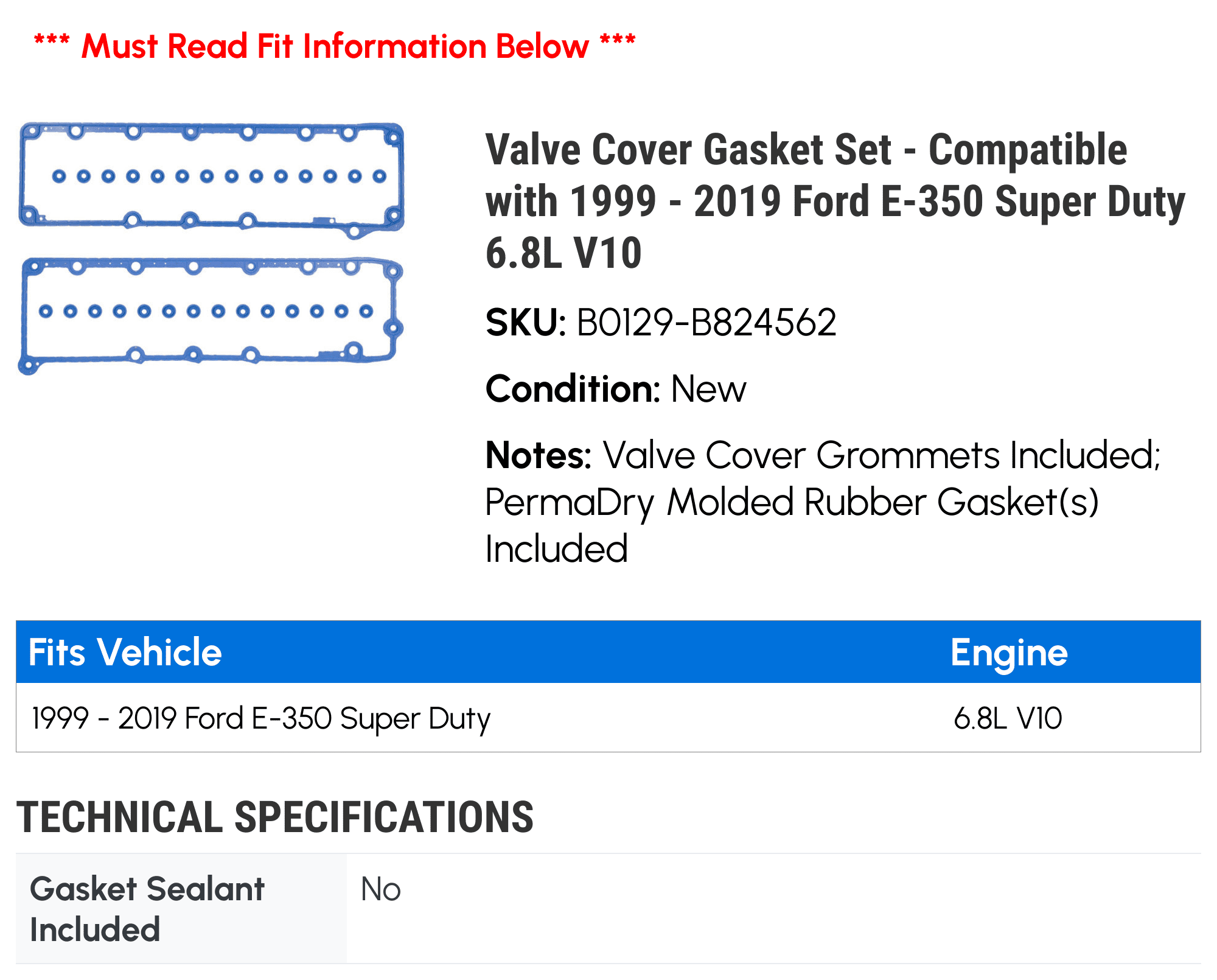 Valve Cover Gasket Set - Compatible with 1999 - 2019 Ford E-350 Super Duty 6.8L V10 2000 2001 2002 2003 2004 2005 2006 2007 2008 2009 2010 2011 2012 2013 2014 2015 2016 2017 2018