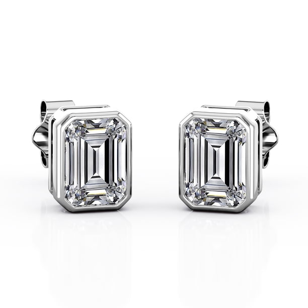 Pendientes de Botón con Solitario de Moissanita En Forma de Esmeralda de 1 Quilate JeenMata En Baño de Oro Blanco de 18 K sobre Plata