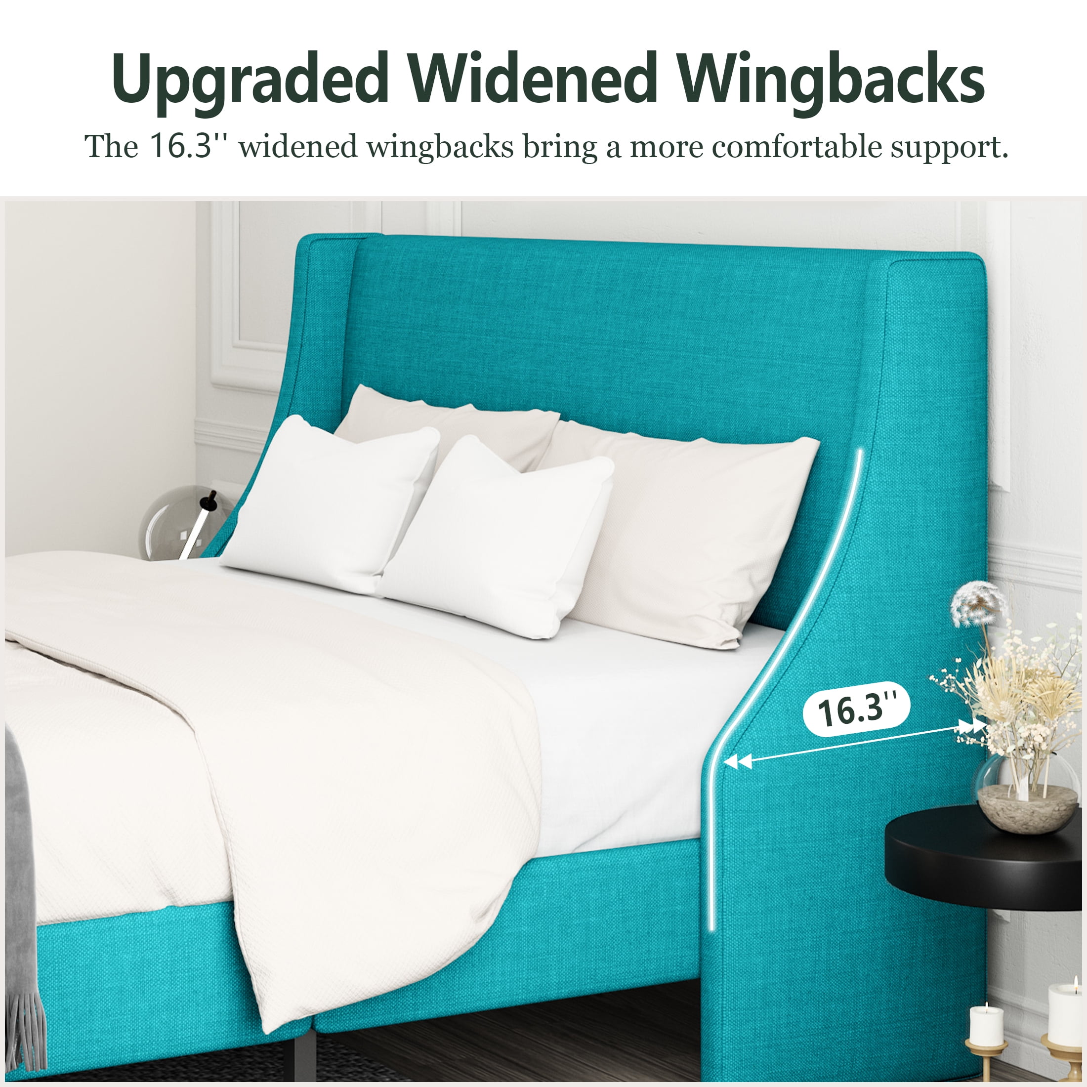 Amolife King Size Modern Platform Upholstered Bed Frame with Deluxe Wingback, Lake Blue