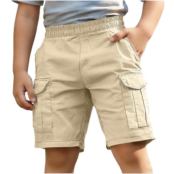 Boys Cargo Shorts with Pockets, Elastic Waist Relaxed Fit Casual Bottoms, Plain Summer Outdoor Wear for Kids Play