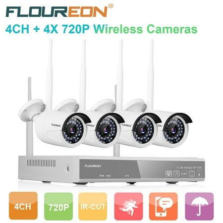FLOUREON Wireless CCTV Security House Camera System 4CH NVR Kits 1080P + 4 Pack 720P 1.0MP HD Wireless IP Network WiFi Camera Night Vision Remote Access Motion Detection(4CH+ 4X 720P
