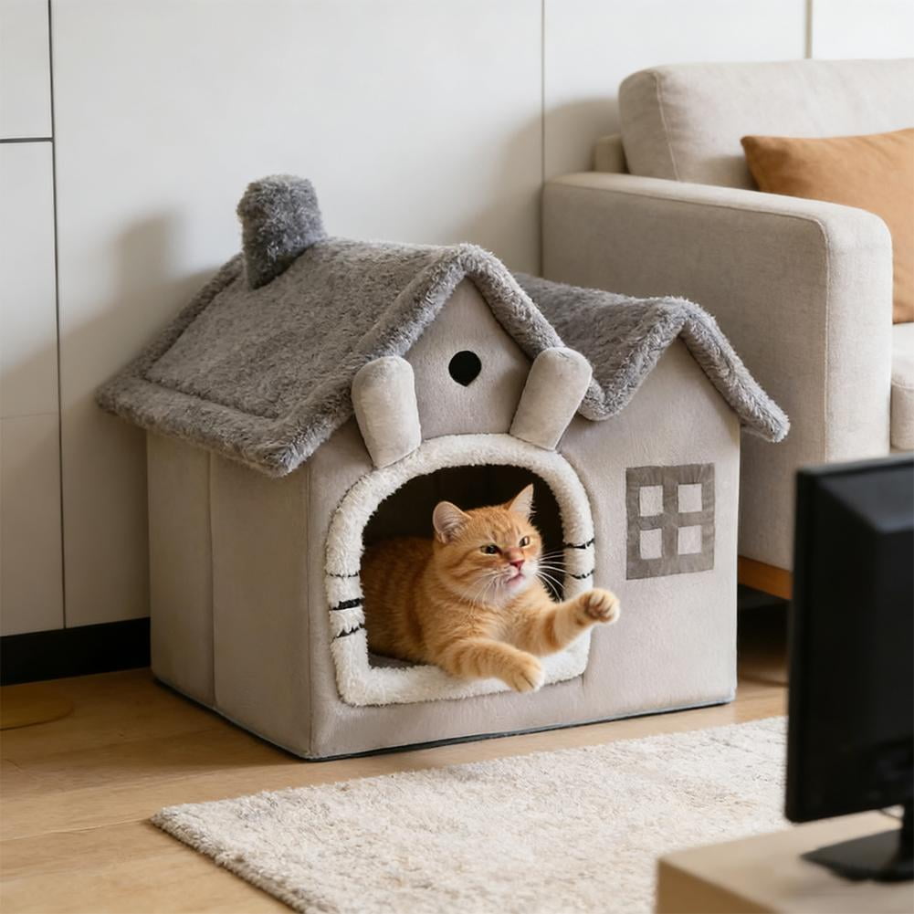 Pekkaxy Foldable Cat Bed, 13 x 12 x 11.8 Inch Gray Cave, Thick Coral Fleece for Indoor Winter Warmth and Security
