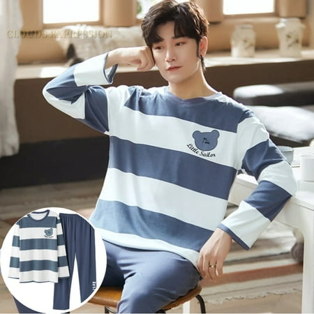 

QWZNDZGR Autumn Winter Men s Cotton Pajamas Letter Striped Sleepwear Cartoon Pajama Sets Casual Sleep&Lounge Pyjamas Plus Size 4XL Pijama