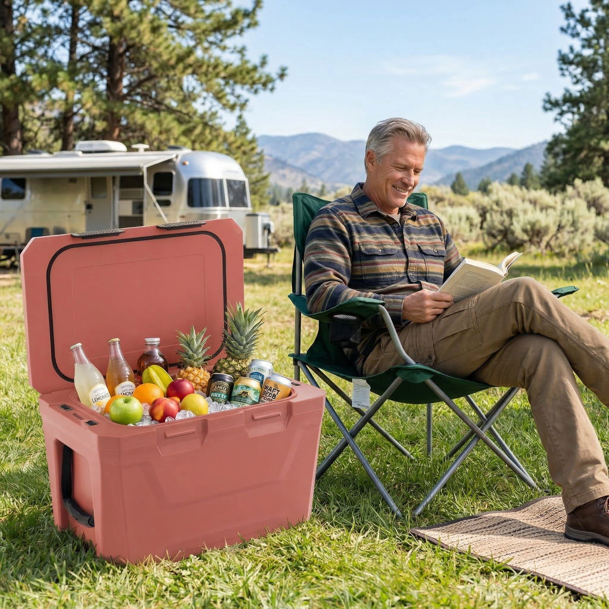 Resenkos Portable Insulated Hard Shell Ice Chest with Cup Holders Bottle Opener and Drain Plug, Waterproof Outdoor Cooler for Beach and Travel, Pink