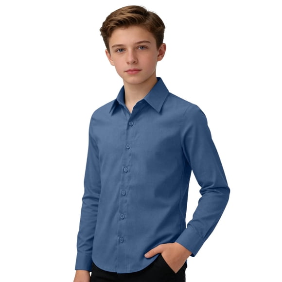 Rhuody Tops For Boys Lapel Long Sleeve Button Down Shirt Linen Blend Classic Fit Top For School And Blouse Charm Clothing Blue 9-10 Years