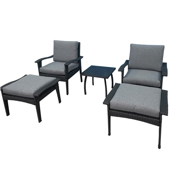 JERFIT 5-Piece Gray Rattan Patio Conversation Set with Glass Top Table, Ottoman and Cushions for Outdoor Lounge