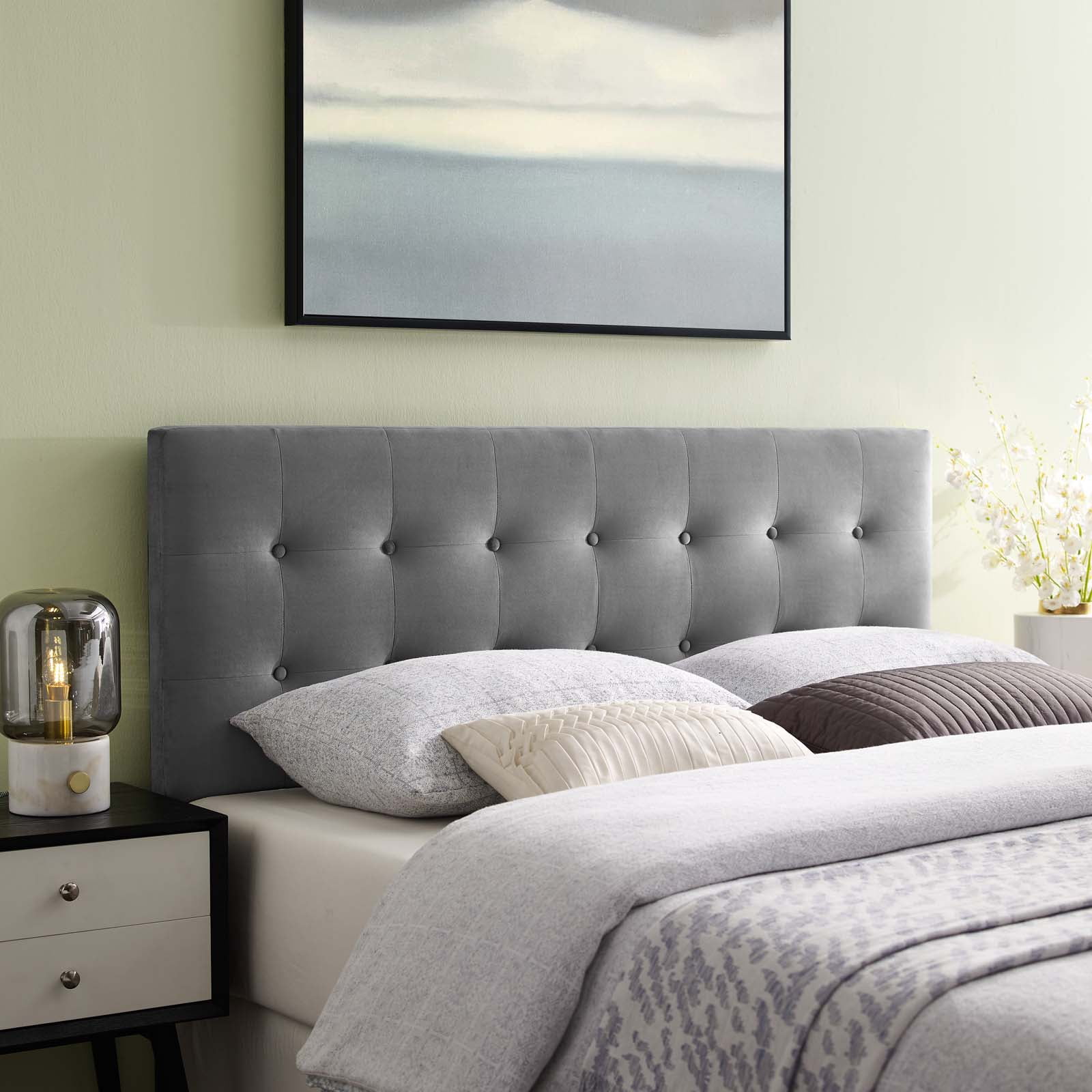 Contemporary Modern Urban Designer Bedroom King Size Tufted Headboard, Velvet Fabric, Grey Gray