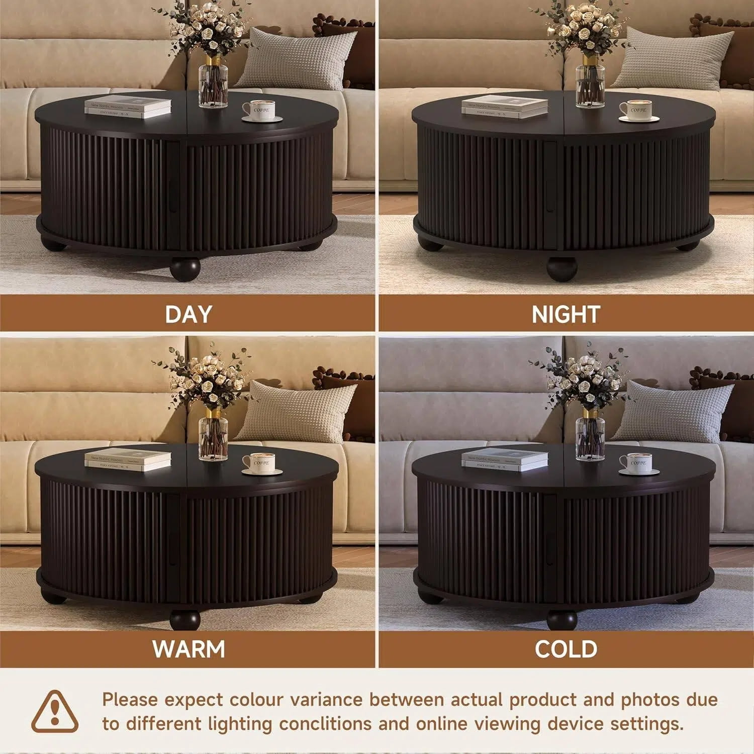 AISWORD 31.5" Fluted Round Coffee Table with Storage, Mid Century Modern Lift Top Drum Accent Table for Living Room Small Space, Brown
