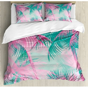 Palm Leaf King Size Duvet Cover Set, Beach Party Theme Vibrant Composition with Pink and Green Trees Vintage, Decorative 3 Piece Bedding Set with 2 Pillow Shams, Pink Teal White, by Ambesonne