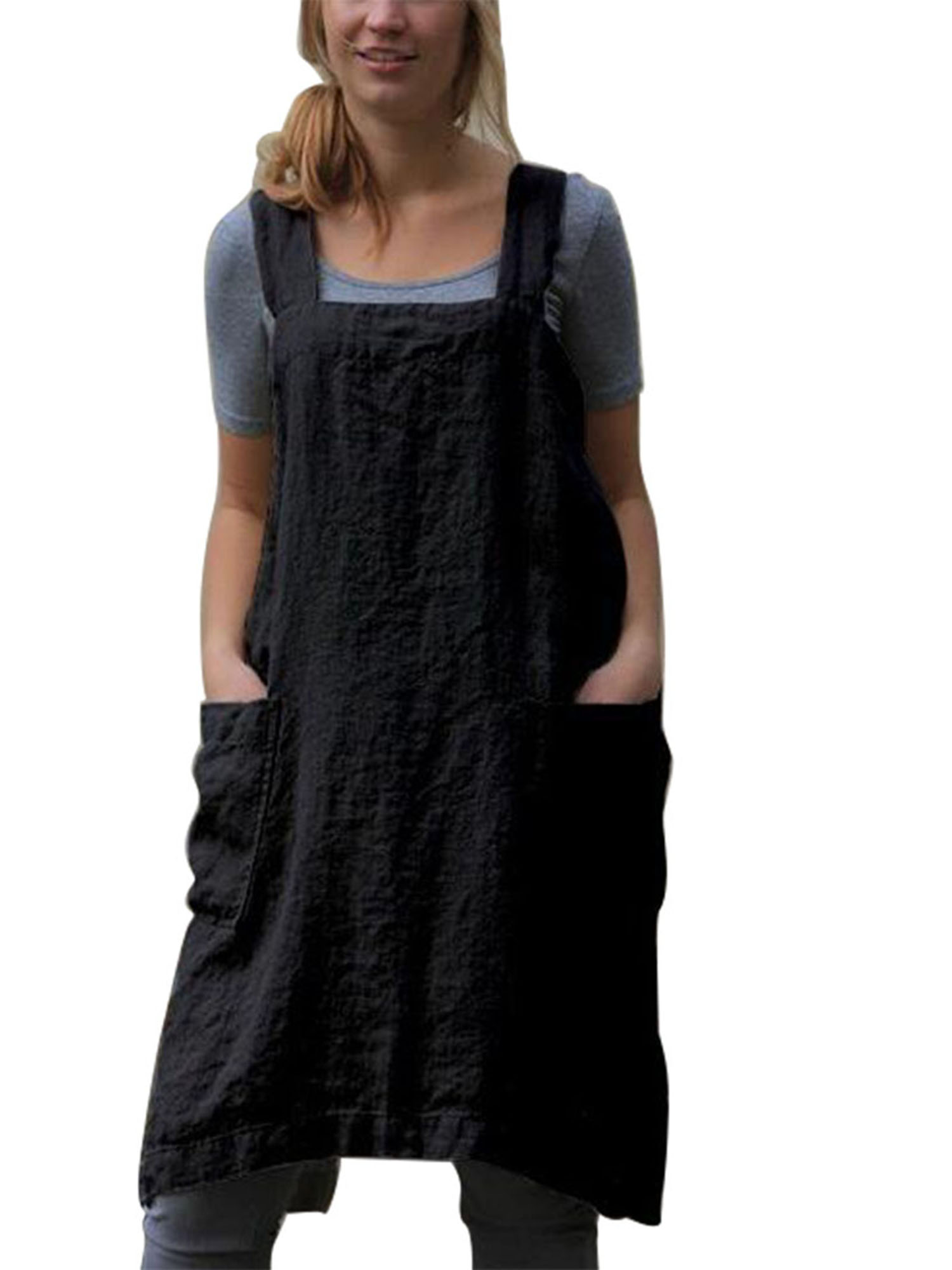 Listenwind Women’s Pinafore Square Apron Baking Cooking Gardening Works Cross Back Cotton/Linen Blend Dress with 2 Pockets Large Plus - image 1 of 5