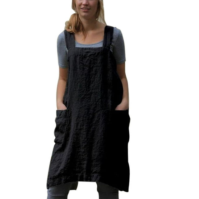 Listenwind Women’s Pinafore Square Apron Baking Cooking Gardening Works Cross Back Cotton/Linen Blend Dress with 2 Pockets Large Plus