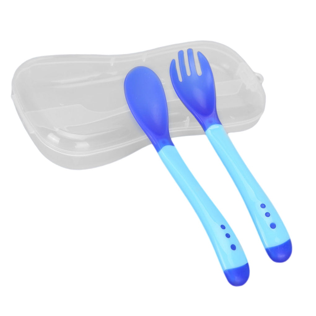 2Pcs/set Heating Sensing Kid Baby Spoon Fork Feeding Tool  Flatware Tableware 