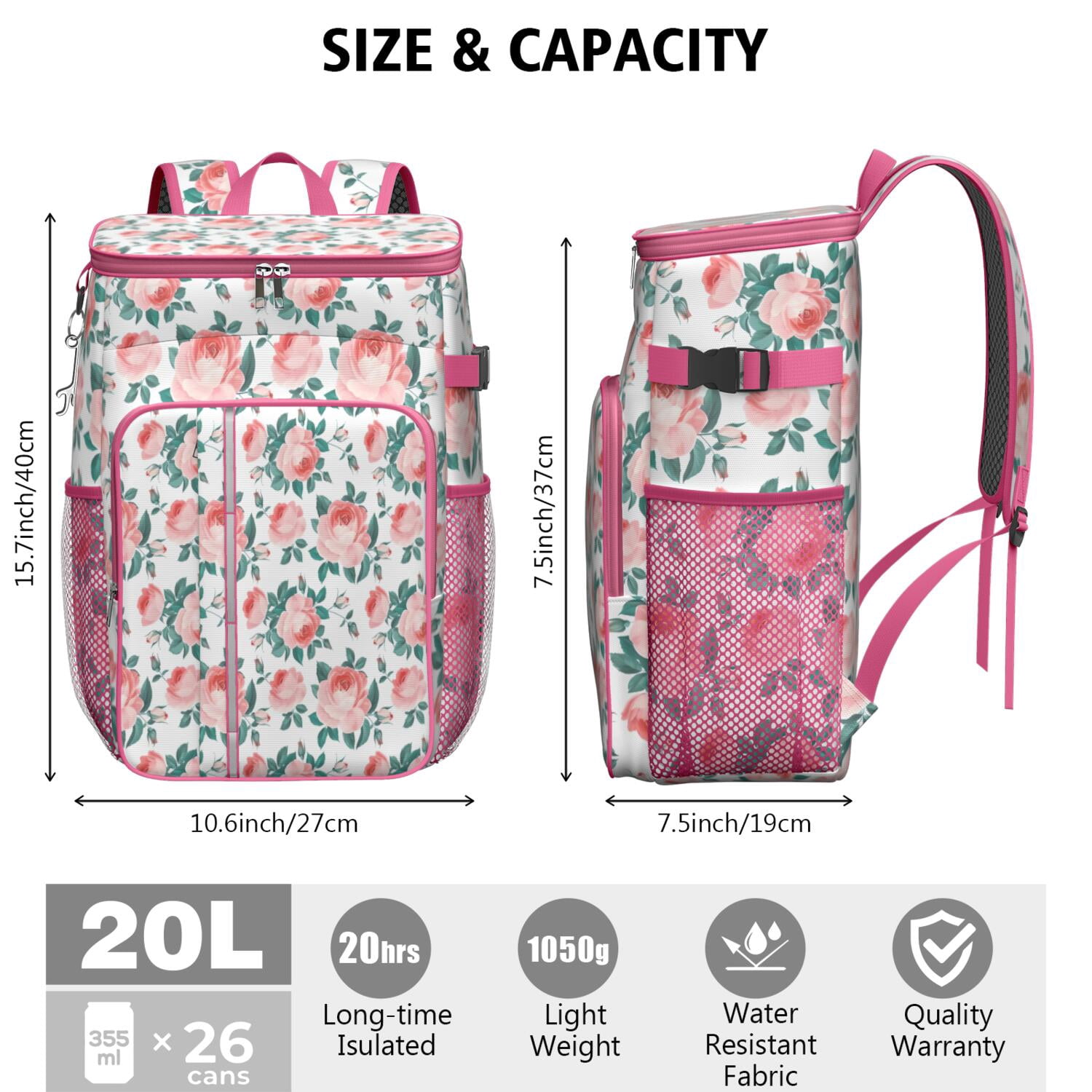 Travel Cooler Bag - Pioneer Flower Floral Print Pattern Camping Beer Cooler Backpack with Bottle Opener- Waterproof Insulated Picnic Backpacks - Cooler Bag for Beach