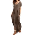 thumbnail image 1 of Vestido a juego con cuello en V, casual, holgado, manga corta, maxi con bolsillo, 1 of 5