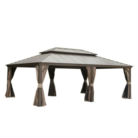 Newboti 14x24FT Hardtop Gazebo, Outdoor Gazebo with Galvanized Steel Double Roof, Aluminum Frame, Built-in Gutter System, Curtain and Netting, Metal Gazebo Pavilion for Patio Deck Garden, Brown 497565