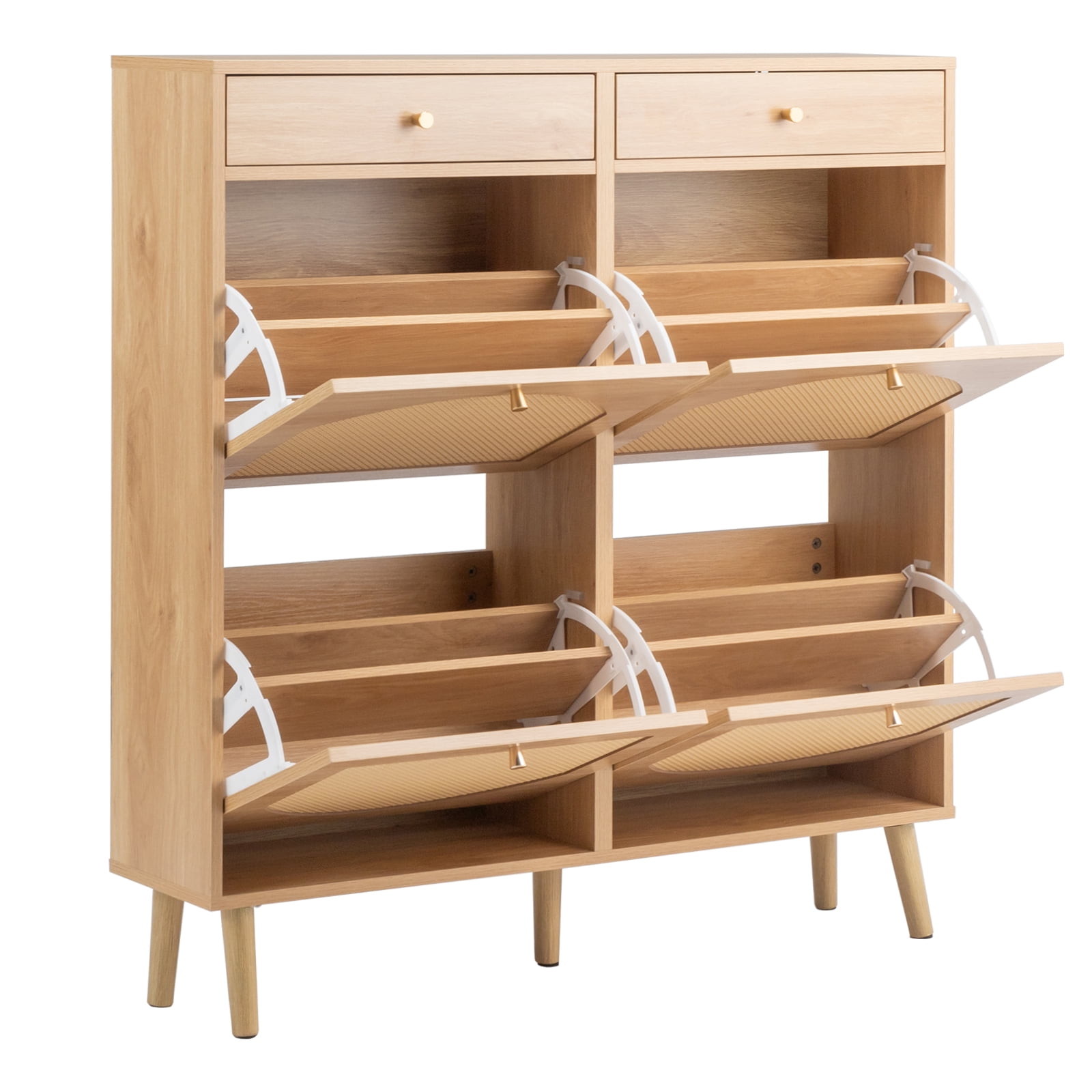Rattan-Front Shoe Cabinet With 2 Drawers And 4 Flip-Down Compartments, Made Of Particleboard, 105*24*110cm, Natural Wood