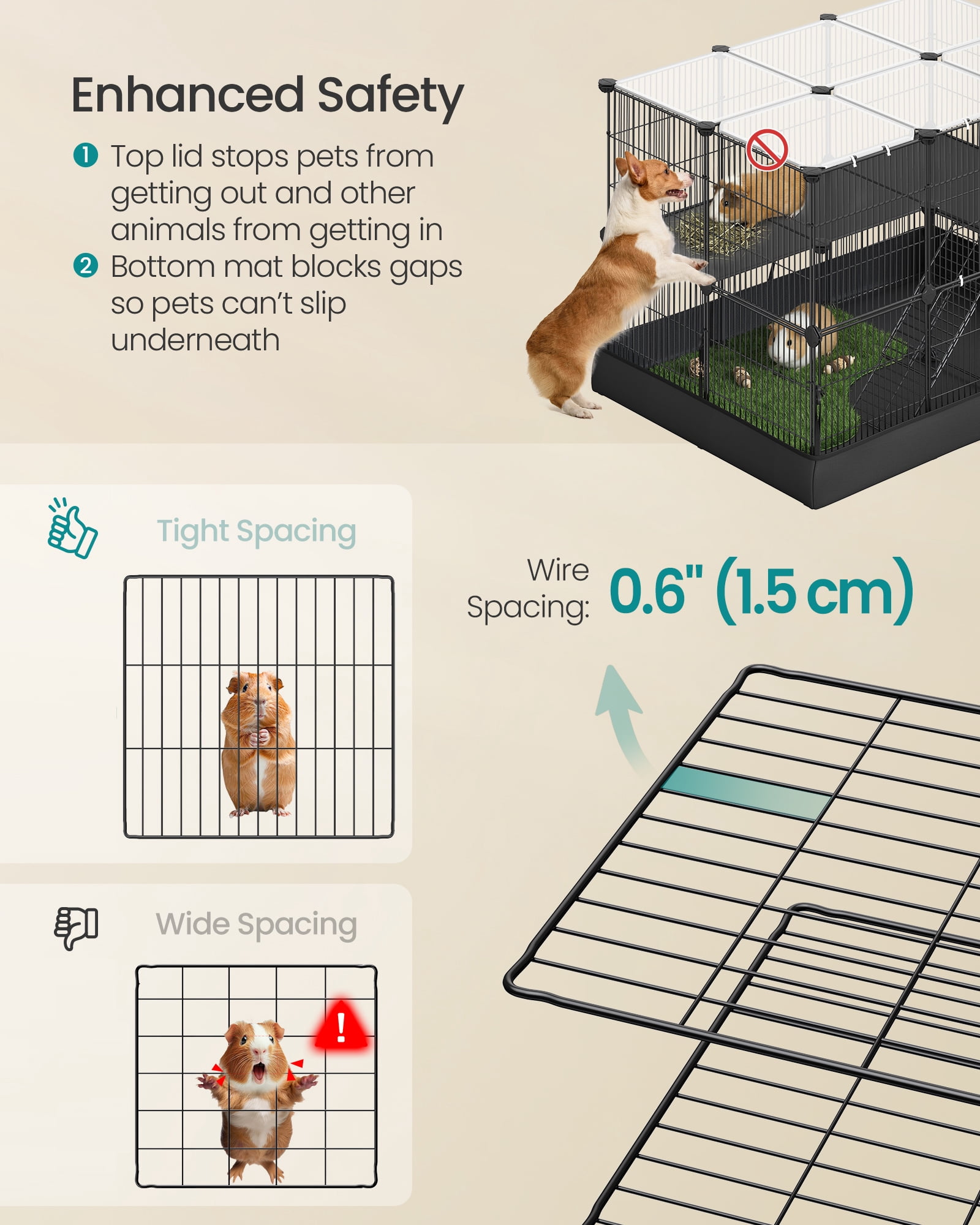SONGMICS 2-Tier Guinea Pig Cage, Rabbit Cage, Small Animal Playpen with Waterproof Mat, Top and Side Door, 35 Panels, Ink Black