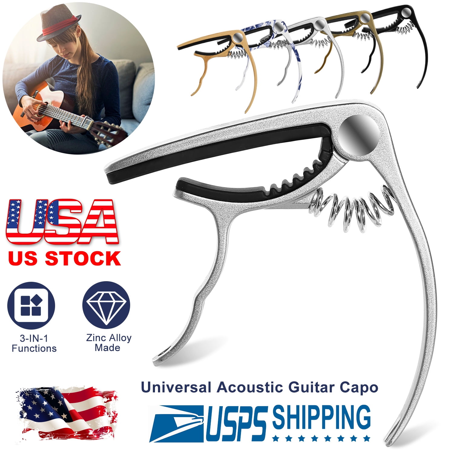 2 Pieces Guitar Capo Zinc Metal Capo Guitar Clamp for Classical Guitar Ukulele Banjo Supplies with 12 Pieces 3 Sizes Guitar Picks Sampler for Acoustic and Electric Guitar Bass