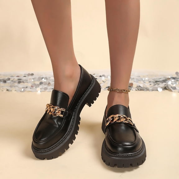 Xucatan Slip On Loafers for Women, Glossy Patent Leather Shoes with Decorative Gold Chain, Chunky Sole Low Top Casual Footwear, Versatile Round Toe Design for Office Gift