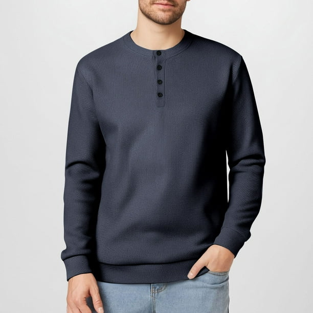 pstuiky mangas largas para hombre, Camisa de punto de manga larga con cuello redondo y botones de color liso para hombre Tops de hombre m