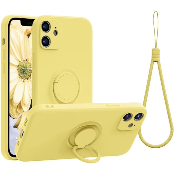 KOMI Compatible with iPhone 12 Mini Case, Silicone with 360°Ring Kickstand Holder (Support Magnetic Car Mount) Soft Silk Microfiber Cloth Designed for iPhone 12 Mini 5.4 inch 2020 Yellow