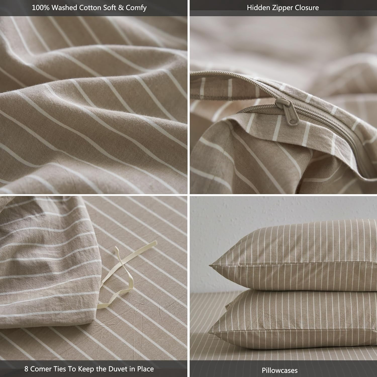 NAYOROOM 100% Cotton Duvet Cover King Set, 3-Piece Breathable Comforter Cover（Light Brown & White Striped）