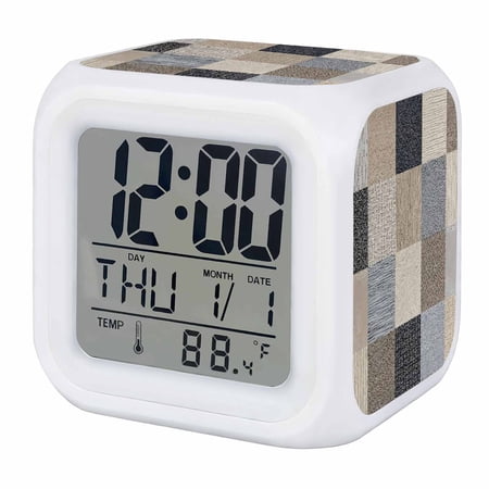 Alarm Clocks Beige Linen Squares Digital Clock 7 Color LED Night Light Silent Non-Ticking Battery Operated Boho Woven Fabric Cube Clocks for Bedroom Bedside Living Room Office School Decor