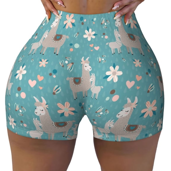 Xecao Teal Mama Llama Print Workout Shorts for Women Soft Smooth Gym Yoga Scrunch Active Tennis Workout Running Shorts