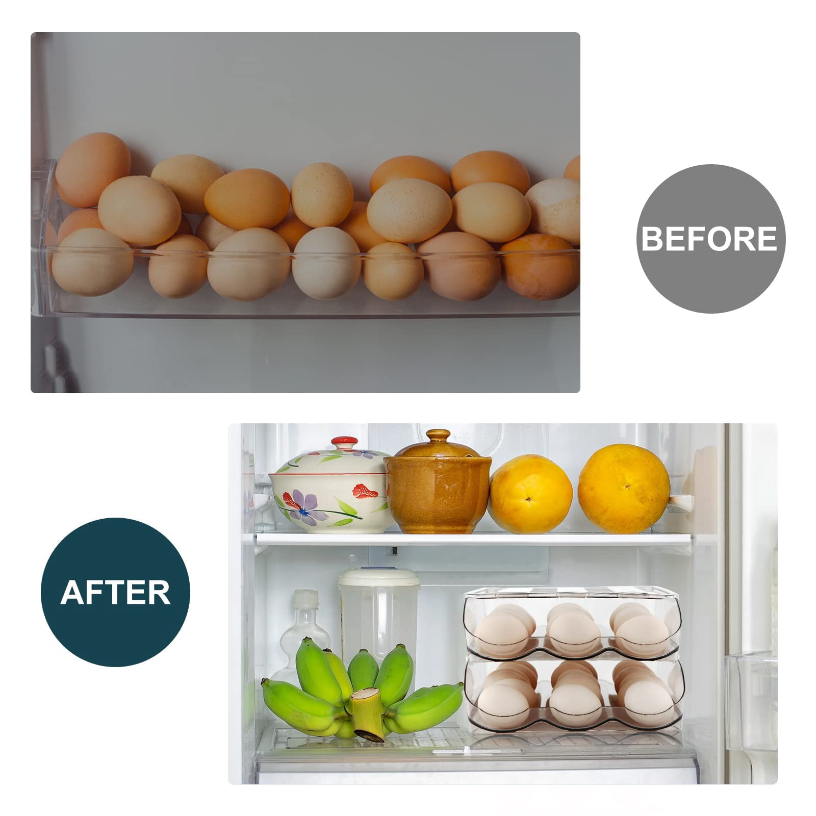 Home Egg Container With Lid and Handle for Refrigerator Organization- Pack of 2 - Clear Stackable Egg Holder for Kitchen or Pantry Organizers and Storage