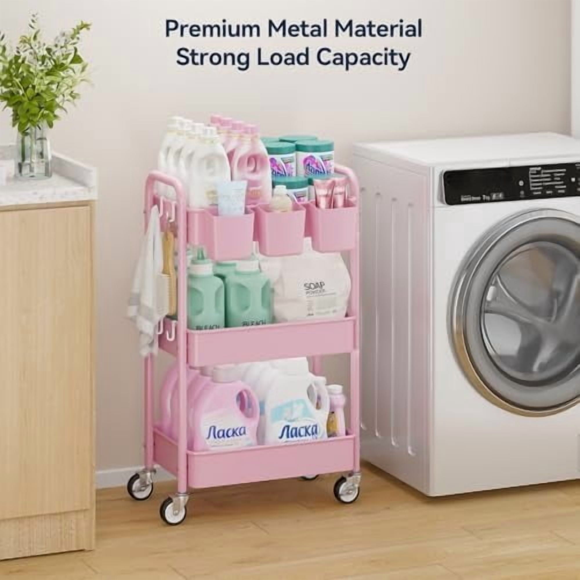 3-Tier Metal Rolling Cart, Heavy Duty Utility Cart with Lockable Wheels, Hanging Cups, Hooks, Mesh Rolling Storage Cart Craft Organizer, Lightweight and Sturdy, Pink