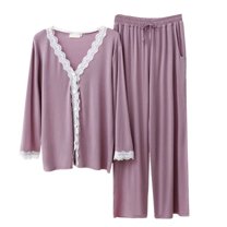 Defitshape Women's Cute Pajama Set Soft Lace Long Sleeve Button Down Shirt Capri Pants Set Lightweight 2 Piece V Neck Pjs Sleepwear Pockets Light Purple Large-X-Large