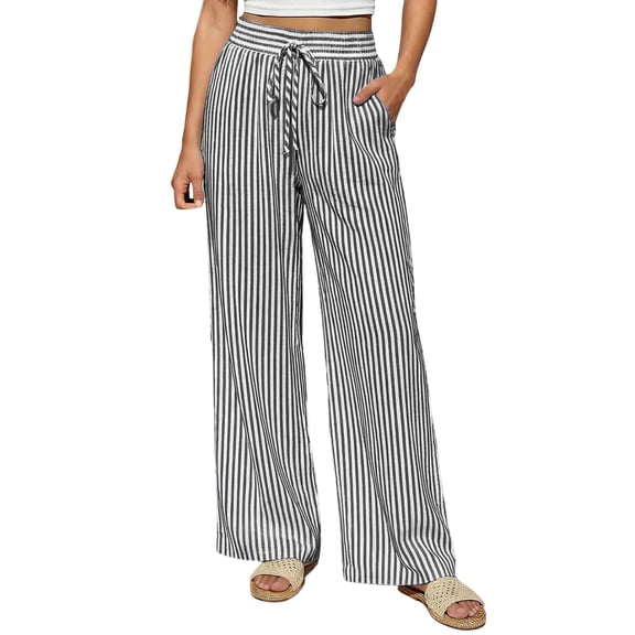 Women's Striped Wide Leg Pants Elastic Waist Drawstring Casual Pants With Pockets Loose Beach Trousers