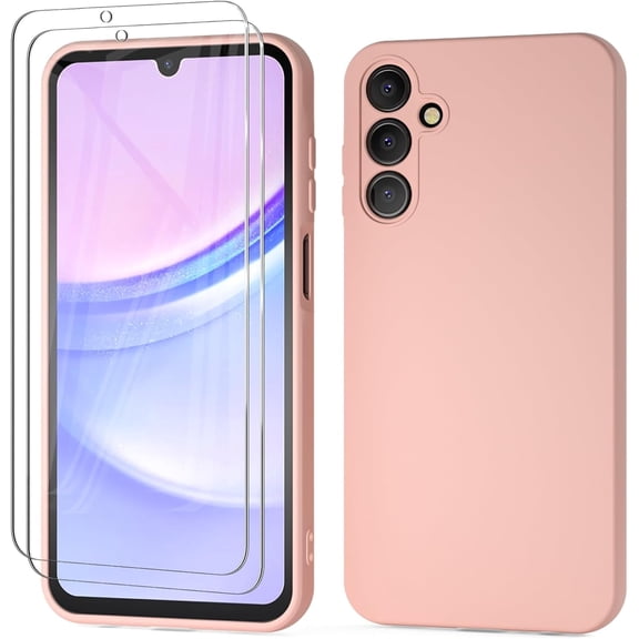 for Samsung Galaxy A15 Case with Screen Protector [2 Pack], Liquid Silicone with Soft Anti-Scratch Microfiber Lining Shockproof Protective Cover for Galaxy A15 5G/4G Silicone Phone Case Pink