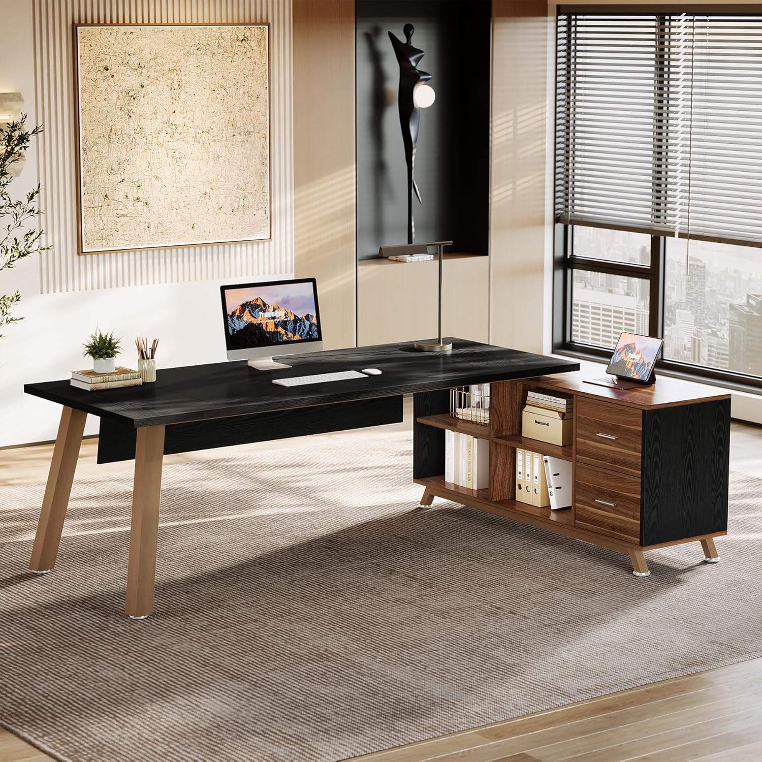 Tribesigns Large L-Shaped Desk, Modern Executive Office Desk with Drawers, 78.7 Inch Computer Desk with Cabinet for Home Office,Black & Walnut