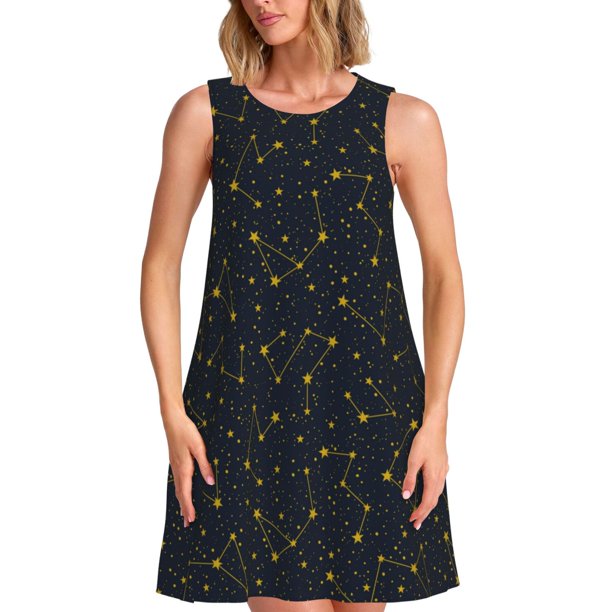 Fotbe Constellation Vestido de Verano sin Mangas para Mujer – Vestido Midi Línea A, Estilo Camiseta Floral, Vestido Playero Casual y Fluido